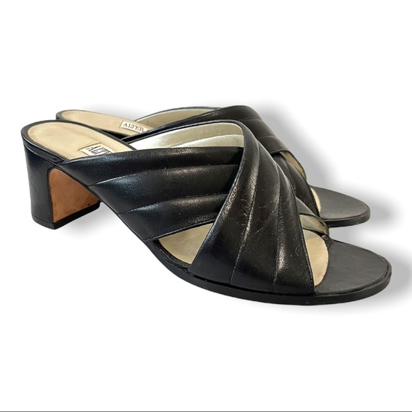 Vintage Alter Ego Black Leather Chunky Heel Open Toe Y2K Slip On Sandal Heels - Picture 5 of 7